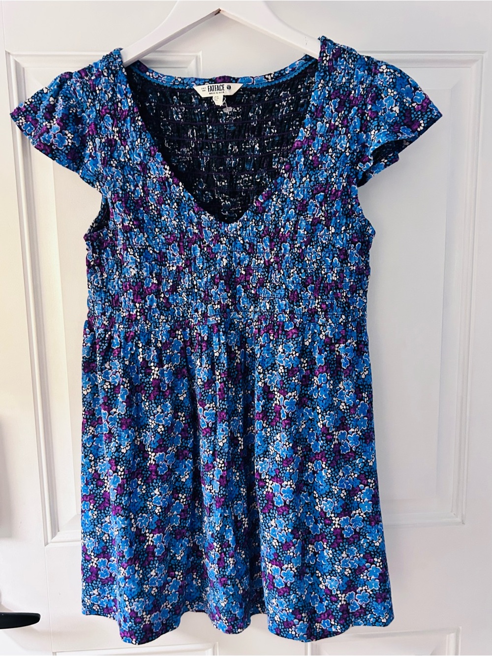 FatFace Blue & Purple Floral Smocked V-Neck Tunic